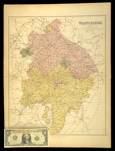 c1876 Antique WARWICKSHIRE County Map Birmingham England Coventry Nuneaton Rugby - Picture 1 of 10