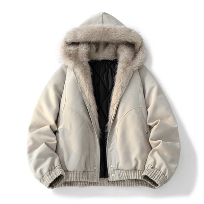 Men's Winter New Fleece-Lined Fur Collar Cotton Jacket Loose Hooded Parka Coat - Image 1 of 4