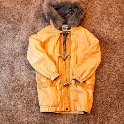 Chaqueta de cuero tostado vintage con capucha de piel real J.Percy Marvin Richards Foto 1 de 4