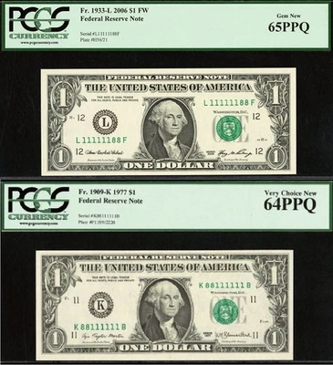 1977 & 2006 $1 FRN PCGS 65PPQ Fancy Binary Serial Number 11111188/88111111 - Image 1 of 4