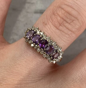 Anillo con racimo de halo de diamantes y amatista de oro amarillo de 9 quilates 375 - talla L 1/2 - Imagen 1 de 10