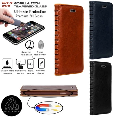 Genuine Designer Leather Wallet Case Luxury Stand Cover + GT Tempered Glass - Image 1 of 4