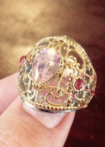 SIMULATED PINK SAPPHIRE, PINK AUSTRIAN CRYSTAL, PLATED YG & STAINLESS SZ 7 1/2 - Picture 1 of 12