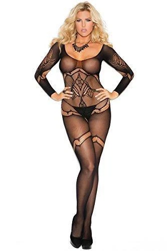 Elegant Moments Plus Queen Size Long Sleeve Crochet Crotchless Bodystocking 1-3x