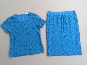 Calvin Klein 2 PC Shirt Skirt Set SZ SMALL Lace Short Sleeve V-Neck Pull-On Teal - Picture 1 of 20