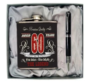 60o Sexagésimo Cumpleaños Hito Negro Acero Inoxidable Cadera Frasco, Pluma Caja de Regalo - Imagen 1 de 1