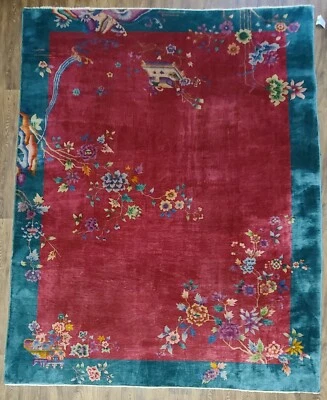 Antigua alfombra china auténtica tejida a mano Art Deco alrededor de 1920 tamaño 8'7"x11'3"  Foto 1 de 4
