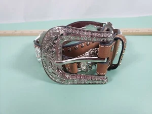 Nocona Southwestern Concho Brown Rhinestone Leather Belt S 28"-32" - Picture 1 of 5