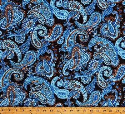 3 WISHES FABRIC Cotton Paisley Paisleys Design Swirl Blue Cotton Fabric Print by Yard D187.01