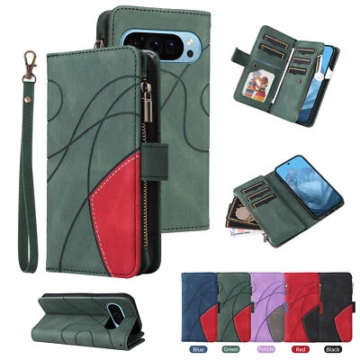 Flip Zipper Splice Leather Wallet Cover Case For Google Pixel 9 8 7 6 Pro 7A 8A - Image 1 of 4