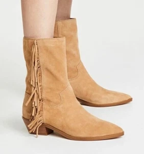Rebecca Minkoff Women's Krissa Suede Fringe Low-Heel Boots Sz 9.5 Camel/NWOB - Picture 1 of 9