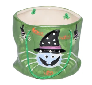 Vintage Halloween Keramik Trick or Treat Tasche Spinnen Süßigkeiten Halter Dekoration - Bild 1 von 10