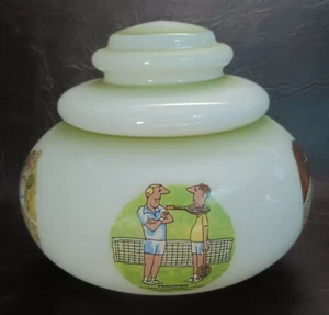 Funny Tennis Covered Dish Large 6 Inch Tall Vintage Glass Green and White - Picture 1 of 11