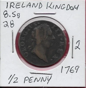 IRELAND UNITED KINGDOM 1/2 PENNY 1769 TYPE 1,SHORT BUST OFGEORGIVS III,FACING RI - Picture 1 of 2