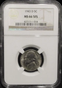 :1943-D 5C JEFFERSON-WAR-NICKEL LUSTROUS NGC-MS-66-5FS LOW-POP HIGHEST-GRADES - Picture 1 of 2