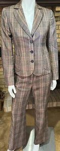 Akris Alpaca Silk Blend Brown Multi Plaid 2 Piece Pant Suit Size 8 - Picture 1 of 17