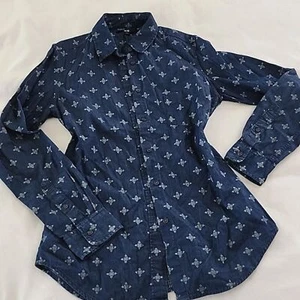 Camisa Uniqlo Denim Estampada Manga Larga Mujer Mediana Azul Cuello Abotonado Preppy - Imagen 1 de 10