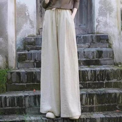 Retro Enthic Womens Pants Casual Long Pants Loose Elastic Waist Wide Leg Trouser - Image 1 of 4