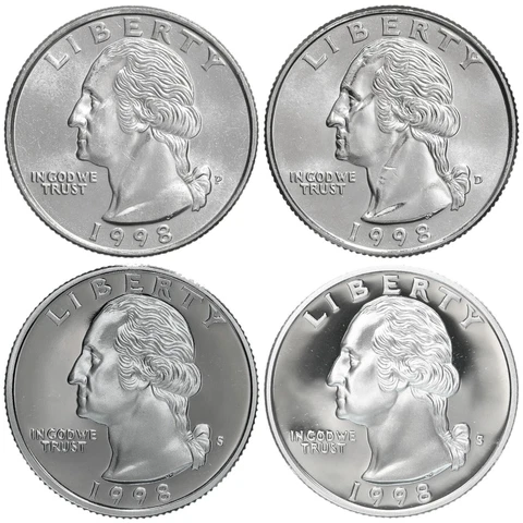 1998 P D S S Washington Quarter Year Set Silver & Clad Proof & BU US 4 Coin Lot Cover
