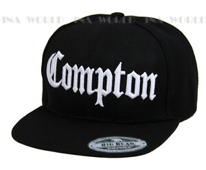 COMPTON Hat 3D Embroidered Snapback Flat Hiphop Bill Baseball Cap - Black/White