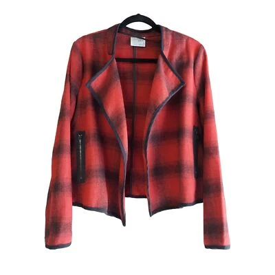 Ruff Hewn Grey Women's Red & Black Plaid Open Front Wool Blend Jacket EUC - L - Imagem 1 de 4