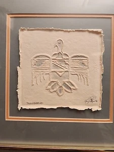 Southwest Wet Cast Paper Thunderbird Professional Framed Matted Glass 12x12 Inch - Picture 1 of 6