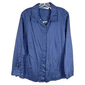 Isaac Mizrahi Live Plus Size 14 Top Button Down Blouse Polka Dot Blue White 1256 - Picture 1 of 8