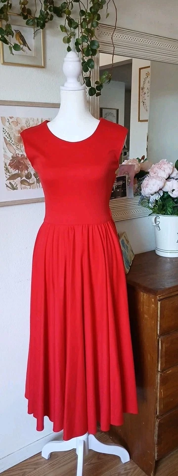 Vestido de día XS 80 vintage rojo jersey tejido cuello redondo manga gorra Foto 1 de 4