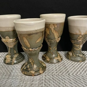 Vintage Studio Art Pottery Wine Goblets Hand Thrown Drip Glaze Lot of 4 - Picture 1 of 8