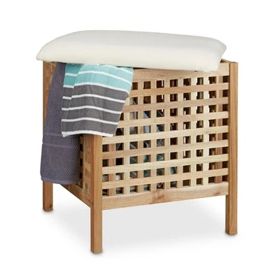 Badhocker walnuss mit wäschesammler Wäschetruhe aus Holz robust braun stabil - Bild 1 von 4