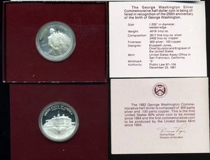 1982-S George Washington Commemorative 90% Silver PROOF Half Dollar + Box + Cert - Picture 1 of 2