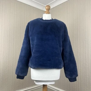 ASOS Navy Blue Teddy Bear Faux Fur Fleece Jumper Size Uk 8 - Picture 1 of 12