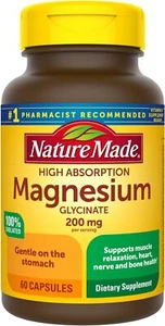 Nature Made Extra Strength Magnesium Glycinate 200 mg Muscle Heart Nerve 60 ct - Picture 1 of 8