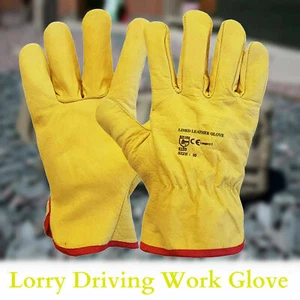 Premium Leather Yellow Driver Gloves Fleece Lined Lorry Driving Work Glove - Picture 1 of 9