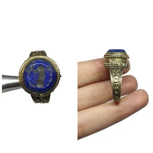 Natürlicher Lapislazuli Ring Strauß Intaglio Gravur Siegelring Messing Größe 8,75 US Kunst - Bild 1 von 6