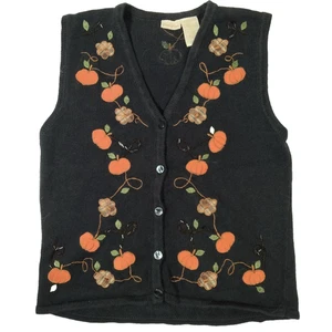 Vintage 90er Kürbis Strick Weste M bestickt Halloween Erntedank Herbst Oma - Bild 1 von 5