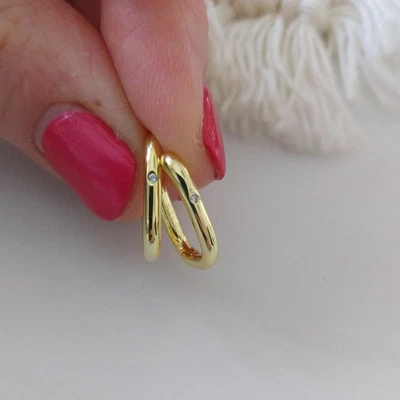 Orecchini Donna Argento 925 Cerchio Ovale Placcato Oro  Zirconi Bianchi - Immagine 1 di 4