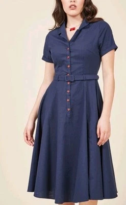 Usado en Excelente Condición Collectif Vestido Columpio Caterina Azul Marino, XL UK 16, Bolsillos, Algodón, Cintura Camisa Foto 1 de 4