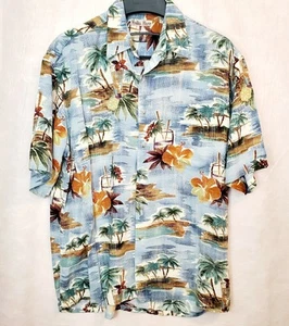 Hollis River Large Hawaiian Shirt Palm Tree Green And Brown Hibiscus Rayon - Picture 1 of 4