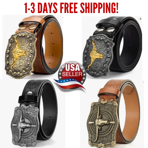 Western Cowboy-Belts for Men Big-Buckle Longhorn-Bull PU-Leather Rodeo Cowgirl- - Image 1 of 1