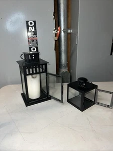 Set of 2 Black Metal Lanterns with Glass Panels and Used Candle – Rustic Decor - Picture 1 of 5