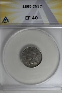 1865 .03 ANACS EF 40 Three Cent Nickel, Liberty Three Cent Piece - Picture 1 of 2