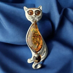 Bernstein Katze Brosche - 925 Sterling Silber - 38 x 10 mm - Bild 1 von 21