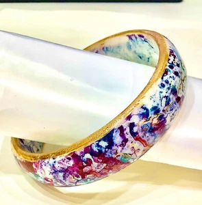 Artisan-Made ENAMEL & GILDED BRACELET BANGLE 3.25" x .75" CONFETTI Signed - Picture 1 of 7