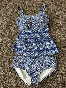 Lands End 12 Mastectomy D Tankini Set Blue Print - Picture 1 of 7