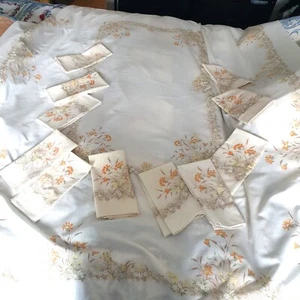 Vintage 70er 80er Wildblumen Tischdecke & Servietten x 12 creme orange - Bild 1 von 9