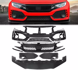 Type R Style Front Bumper Cover Kit w/ Grille & Lip Fit For Honda Civic 2016-21 - Picture 1 of 9