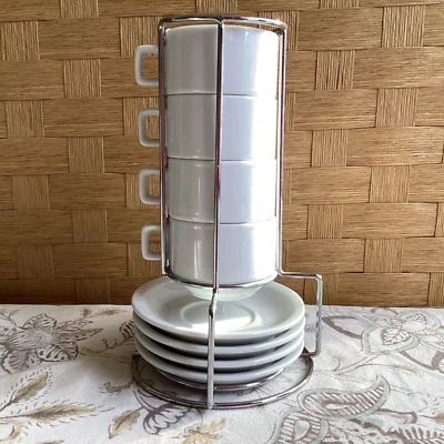 Juego de tazas y platillos de café espresso de porcelana apilable de 3,5 OZ, soporte cromado. Foto 1 de 3