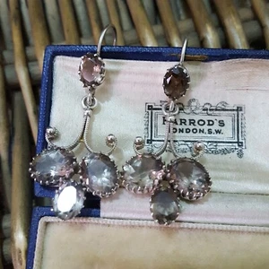 Orecchini Art Deco Vintage Argento Sterling 925, Pendente Quarzo Fumè Naturale - Foto 1 di 9