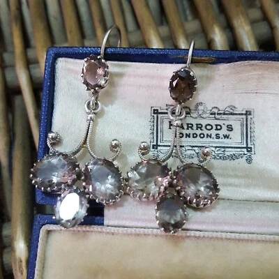 Pendientes Art Deco Vintage Plata de Ley 925, Cuarzo Ahumado Natural Cuelga Foto 1 de 4